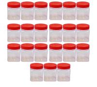 Pemienterprize Ltd Pack of 21 x 150ml Square Plastic Storage Jar With Screw Top Lids Airtight Food Storage Containers BPA Free For Kitchen, Herb, Spices, Sweets Clear Canister pots, Clear & Red Lid