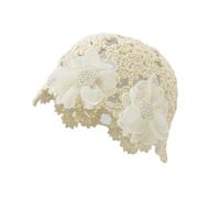 Pemilosci Handmade Crochet Beanie Sun Summer Hat Skull Cap for Women Lace Beach Hat Lightweight, 3d Flower - Beige, One Size