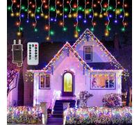 PEMOTech Icicle Lights Outdoor,423 LED 10M Plug in Fairy Light IP65 Waterproof，8 Modes & Remote Timer Christmas Lights for Window,Roof RGB [Energy Class G]