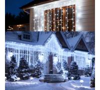 PEMOTech Icicle Outdoor Christmas Lights,IP65 Waterproof and DUSTPROOF 8 Modes & Remote Timer,423 LED 10M/33ft Cool White Fairy Lights,Christmas Lights for House Roof Porch Gutter Xmas Decorations