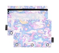 Pen Binder with Clear Window Purple Rainbow Unicorns Pencil case with Zipper Big Capacity 3 Rings Pencil case School Class Office Organizers Multicolored 2 PCS