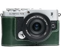 PEN E-P7 Case, Zakao Handmade Genuine Real Leather Half Camera Case Bag Cover for Olympus PEN E-P7 Bottom Opening Version With Hand Strap (Green)