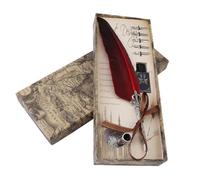 Pen -feather Feathered Pen with 5, Ancient English Calligraphy Writing Ink Stationery Box for Artists and Writers (Red)