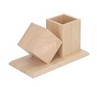 Pen Holder Clock, Voice Control Decorative HD LED Display Wooden Pen Holder Alarm Clock Stylish USB Battery Powered Burr-Free with Thermometer for Office