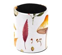 Pen Holder Cup Container PU Leather Desk Organizer Stand Decor Brush Holder Pencil Cup Decoration Office Home School, Watercolor Mushrooms Flowers and Leaves