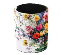 Pen Holder Cup for Desk, Pencil Cup Holder, Leather Pen Cup for Desk Office Pen Organizer, Watercolor Flowers Bouquet Floral Summer Garden