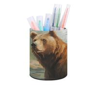 Pen Holder Standing Pencil Case Brown Bear Water And Trees Pencil Case Round Pencil Holder PU Leather Pencil Pencil Bag Stationery Case for Office Stand-up Organizer Retractable Pencil Pouch, Brown