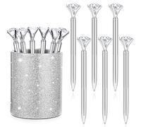 Pen Holder with 6 Pcs Bling Diamond Pens, Pencil Cups for Desk Glitter Bling Desk Organizer Makeup Brush Holder for Women Girls Classroom Offices Home (Silver)