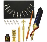 Pen Ink Set - Quill Writing Kit | Vintage Dip Pen with 5 Replacement Nibs, Ink Bottles, Wax Seal Sticks, Seal Stamp for Artistic, Journals, Lettering