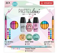 Pen Set - STABILO Pastellove Set - point 88 Mini, Pen 68 Mini, BOSS MINI & Swano Pastel - Pack of 35 - Assorted Colours