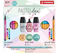 Pen Set - STABILO Pastellove Set - point 88 Mini, Pen 68 Mini, BOSS MINI & Swano Pastel - Pack of 35 - Assorted Colours