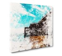 Penarth Pier Pavilion in Wales Abstract Watercolour Canvas Print | Gallery Wrapped 30mm Frame Wall Art | 20x20 inches | Ready to Hang | Abstract Architecture Picture | Living Room Lounge Office