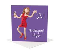 Penblwydd hapus, 21st female Welsh language age birthday card by Erica Sturla. Card is 15cm square and blank inside