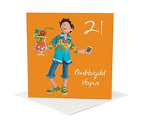 Penblwydd hapus, 21st male Welsh language age birthday card by Erica Sturla. Card is 15cm square and blank inside