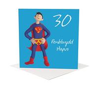 Penblwydd hapus, 30th male Welsh language age birthday card by Erica Sturla. Card is 15cm square and blank inside