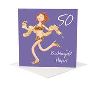 Penblwydd hapus, 50th female Welsh language age birthday card by Erica Sturla. Card is 15cm square and blank inside