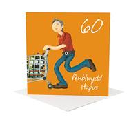 Penblwydd hapus, 60th male Welsh language age birthday card by Erica Sturla. Card is 15cm square and blank inside