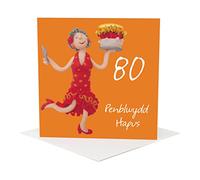 Penblwydd hapus, 80th female Welsh language age birthday card by Erica Sturla. Card is 15cm square and blank inside