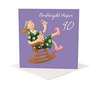 Penblwydd hapus, 90th female Welsh language age birthday card by Erica Sturla. Card is 15cm square and blank inside