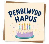 Penblwydd Hapus Welsh Birthday Card with Cake and Candles, Cute Greeting for Welsh Birthday Celebrations