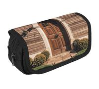 Pencil Bag Rural Door Design Retro Pencil Pouch Large Capacity Pen Box Double Zipper Storage Bag 2 Compartments Portable Multifunctional Bag Desk Organizer Pen Case
