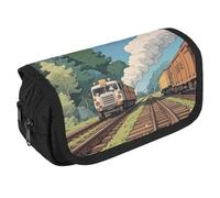 Pencil Bag Rural Locomotive Smoking Railway Pencil Pouch Large Capacity Pen Box Double Zipper Storage Bag 2 Compartments Portable Multifunctional Bag Desk Organizer Pen Case