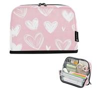 Pencil Bag Storage Cute Doodle Hearts White Pink Big Pencil Pouch Zipper Pencils Case Girls Classroom Pen Pouch Student Adults Kids Back to School Organizer