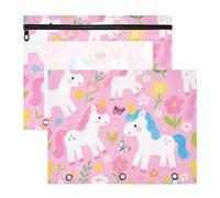 Pencil Bags with 3 Reinforced Grommets 3 Hole Pocket for 3 Rings Binder 2 Pack Students Office Cute Cartoon White Unicorns