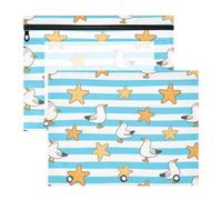 Pencil Bags with 3 Reinforced Grommets Pocket Folders for A4 Paper Letter 2 Pack Students Class Blue White Striped Starfish Seagull