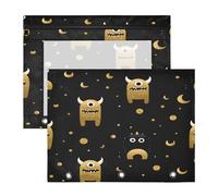 Pencil Box 3-Holes 3 Hole Punch for 3 Ringing Binder 2 Pack Students College Supplies Funny Monsters Black and Gold