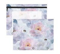Pencil Box Clear 3 Rings Pocket for 3 Rings Binder 2 Pack Teacher Class Art Peonies Flower Silver and White