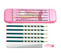 Pencil Box - Divided Pencil Organizer Case, Multifunction Pencil Case | Elegant Hard Crayon Box with 5 Pencils, Eraser, Ruler, Pencil Box with Compartments for Boys, Girls, Kids, Students, Pink, Refer