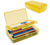 Pencil Box, Large Capacity Double Layer Clear Pencil Case, 1 Pack Hard Pencil Case, Clear Crayon Box with Snap-tight Lid, Plastic Storage Box Art Craft Marker Organizer for Office Supplies, Yellow