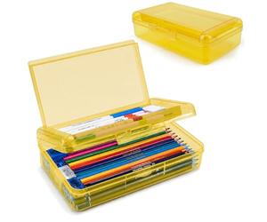 Pencil Box, Large Capacity Double Layer Clear Pencil Case, 1 Pack Hard Pencil Case, Clear Crayon Box with Snap-tight Lid, Plastic Storage Box Art Craft Marker Organizer for Office Supplies, Yellow