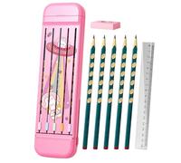 Pencil Box Organizer: Pencil Box with Compartments, Pencil Case Organizer Divided, School Supply with 5 Pencils, Eraser, Ruler for Back to Day, Pink, Consulte la descripción, See description