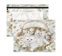 Pencil Box Portable 3 Ringing Pocket for 3 Ringing Binder 2 Pack Students Office Cute Cat in Basket
