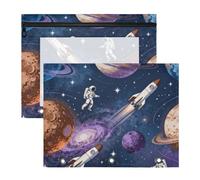 Pencil Box Portable 3 Ringing Pocket for A4 Paper Letter 2 Pack Teacher Home Space Adventure with Rockets and Astronauts Pattern