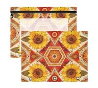 Pencil Box Portable 3 Ringing Pocket for A4 Paper Letter 2 Pack Teacher Home Sunflower Mandala Pattern