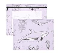 Pencil Box with Smooth Zippers 3 Hole Punch for 3 Rings Binder 2 Pack Teacher Class Line Drawing Ocean Animal Shark Jellyfish Lilac Black