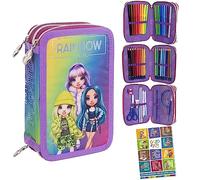 Pencil Case 3 Compartments Girls Rainbow High Silver Style Motif Pencil Case 46 Pieces Filled Pencil Case Pens and Brushes Including Home Exercise Book Pencil Box Case School Case 1st Class