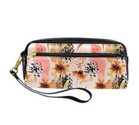 Pencil Case, Abstract Floral Leave Pattern Pen Bag Pouch PU Leather Stationery Pouch with Zipper for Boys Girls School & Office Supplies