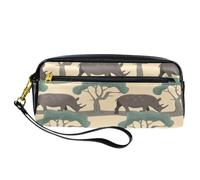 Pencil Case, African Rhino and Tree Pen Bag Pouch PU Leather Stationery Pouch with Zipper for Boys Girls School & Office Supplies
