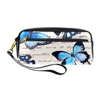 Pencil Case, Blue Butterfly on Written Text Note Pen Bag Pouch PU Leather Stationery Pouch with Zipper for Boys Girls School & Office Supplies