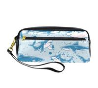 Pencil Case, Blue Panited Sharks and Bubble Pen Bag Pouch PU Leather Stationery Pouch with Zipper for Boys Girls School & Office Supplies