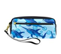 Pencil Case, Blue Swordfish and Bubbles Pen Bag Pouch PU Leather Stationery Pouch with Zipper for Boys Girls School & Office Supplies
