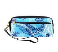 Pencil Case, Blue Whale Turtle Jellyfish Seahorse Pen Bag Pouch PU Leather Stationery Pouch with Zipper for Boys Girls School & Office Supplies