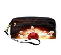 Pencil Case, Bowling Ball Strike hit with Fire Pen Bag Pouch PU Leather Stationery Pouch with Zipper for Boys Girls School & Office Supplies