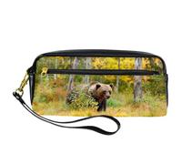 Pencil Case, Brown Bear Walking Around Lake Pen Bag Pouch PU Leather Stationery Pouch with Zipper for Boys Girls School & Office Supplies