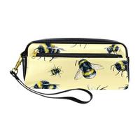Pencil Case, Bumble Bee on Yellow Background Pen Bag Pouch PU Leather Stationery Pouch with Zipper for Boys Girls School & Office Supplies