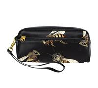 Pencil Case, Bumble Bees Pattern on Black Background Pen Bag Pouch PU Leather Stationery Pouch with Zipper for Boys Girls School & Office Supplies